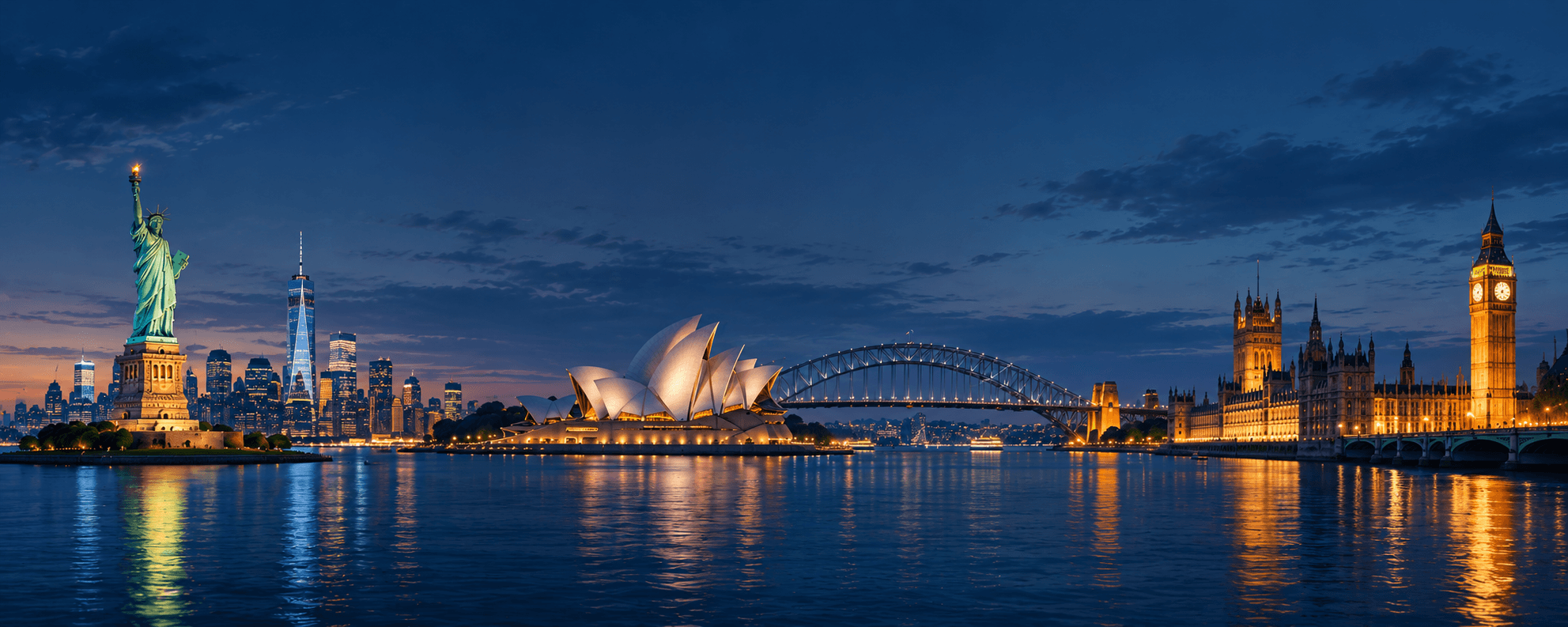 The Statue of Liberty, the Sydney Opera House and Harbour Bridge, and the Houses of Parliament across one harbour at dusk