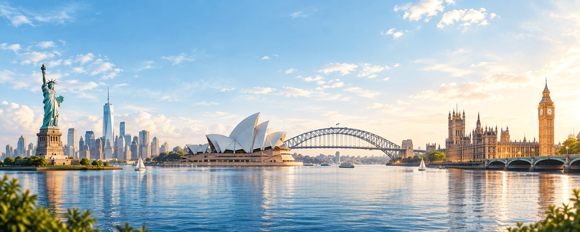 The Statue of Liberty, the Sydney Opera House and Harbour Bridge, and the Houses of Parliament across one harbour in daylight